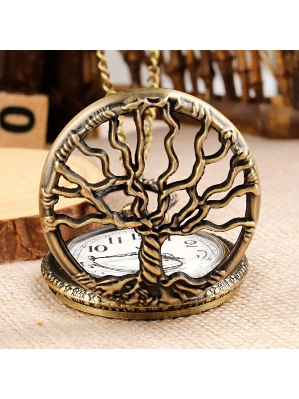 Men's Brown Analog Quartz Tree Shape Pendant Necklace Round Case Pocket Watch